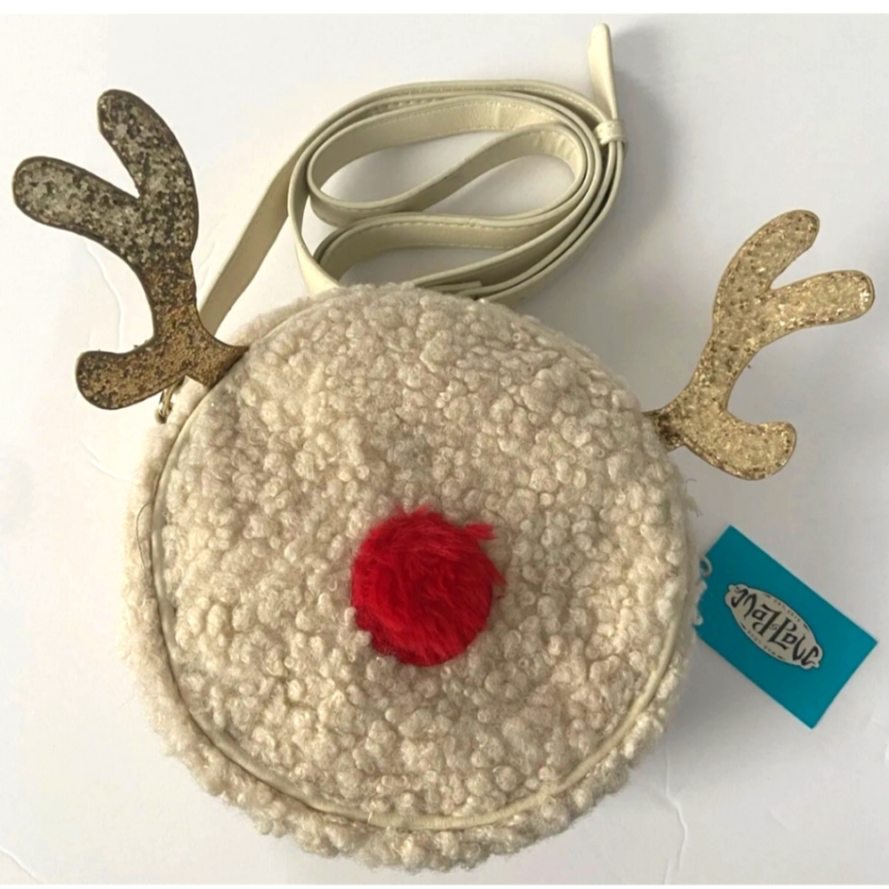 Mad Love Gold Glitter Antler Reindeer Fleece Round Crossbody Bag